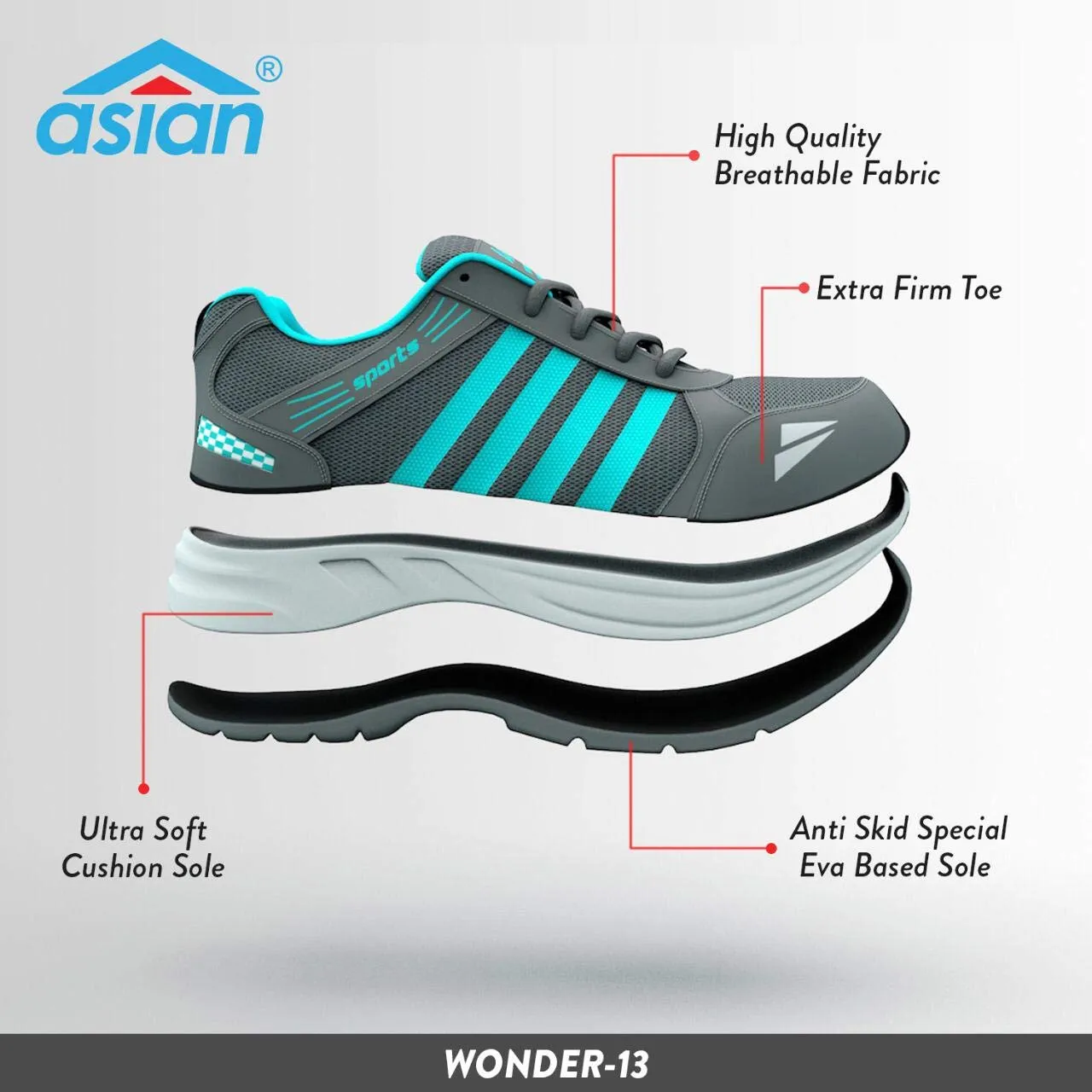ASIAN Men's Wonder-13 Firozi Mesh Sports Running Shoes (Green) 10 UK