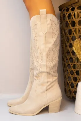 Beige Almond Toe Mid Calf Embroidered Cowboy Boot