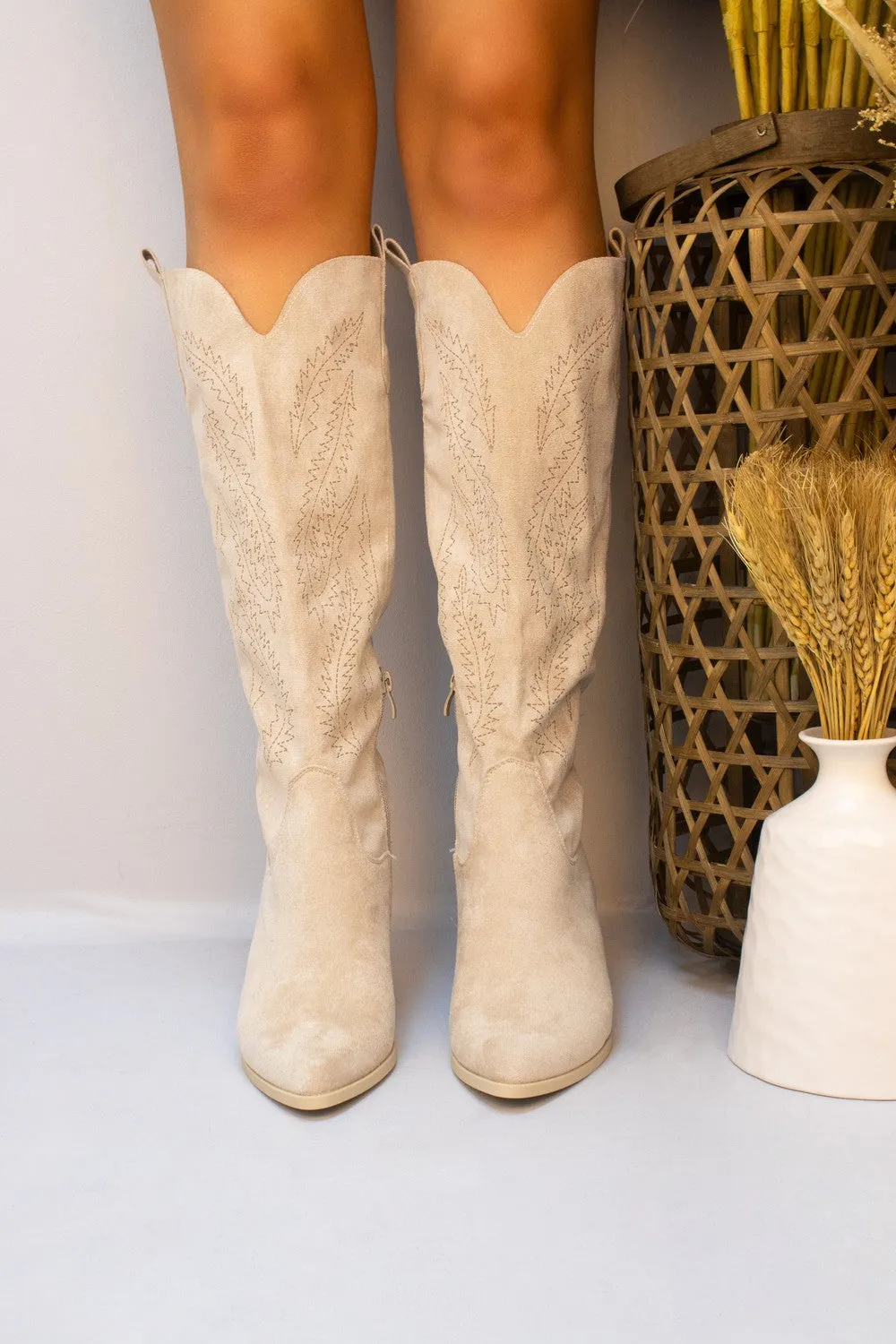 Beige Almond Toe Mid Calf Embroidered Cowboy Boot