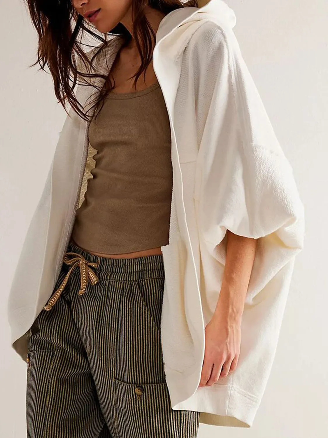 Blue Zone Planet |  Exposed Seam Open Front Batwing Sleeve Hooded Cardigan