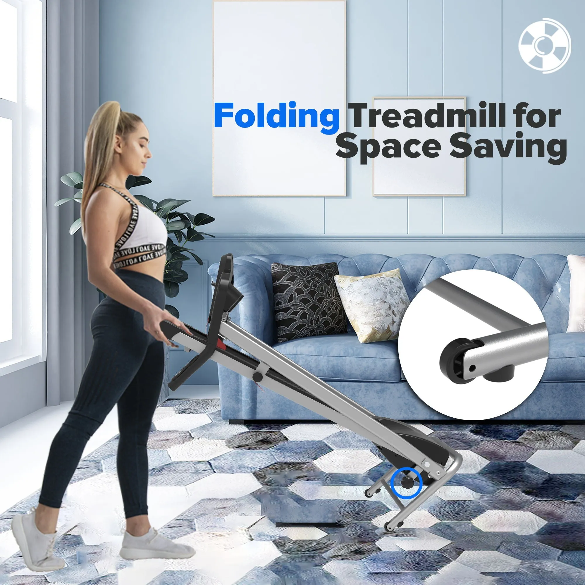 Folding Treadmill For Small Apartment, Electric Motorized Running Machine For Gym Home, Fitness Workout Jogging Walking Easily Install