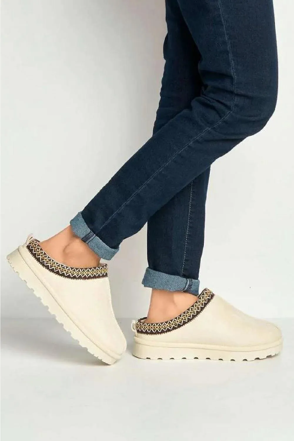 House Of Sehrish MX11 Cream Faux Suede Embroidered Cozy Slipper Boots