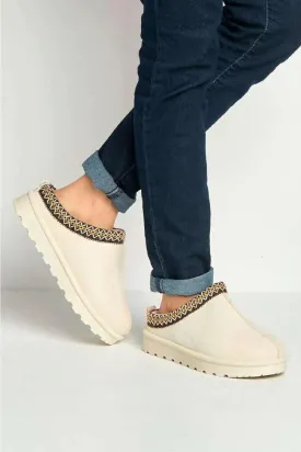 House Of Sehrish MX11 Cream Faux Suede Embroidered Cozy Slipper Boots