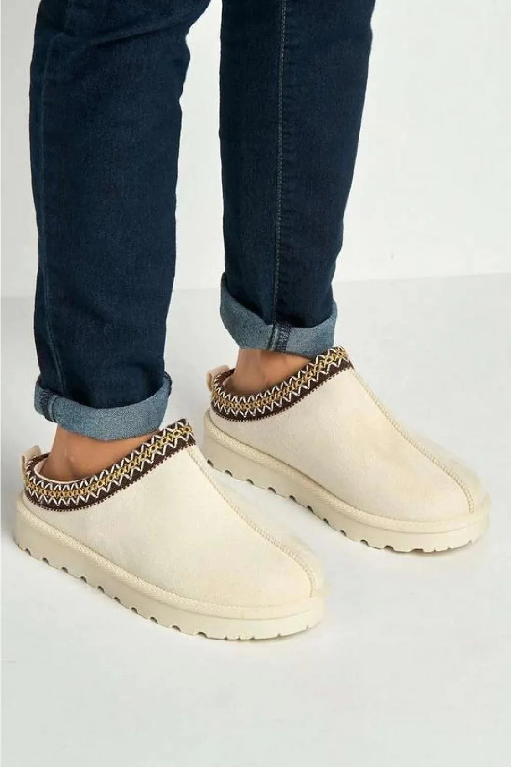 House Of Sehrish MX11 Cream Faux Suede Embroidered Cozy Slipper Boots