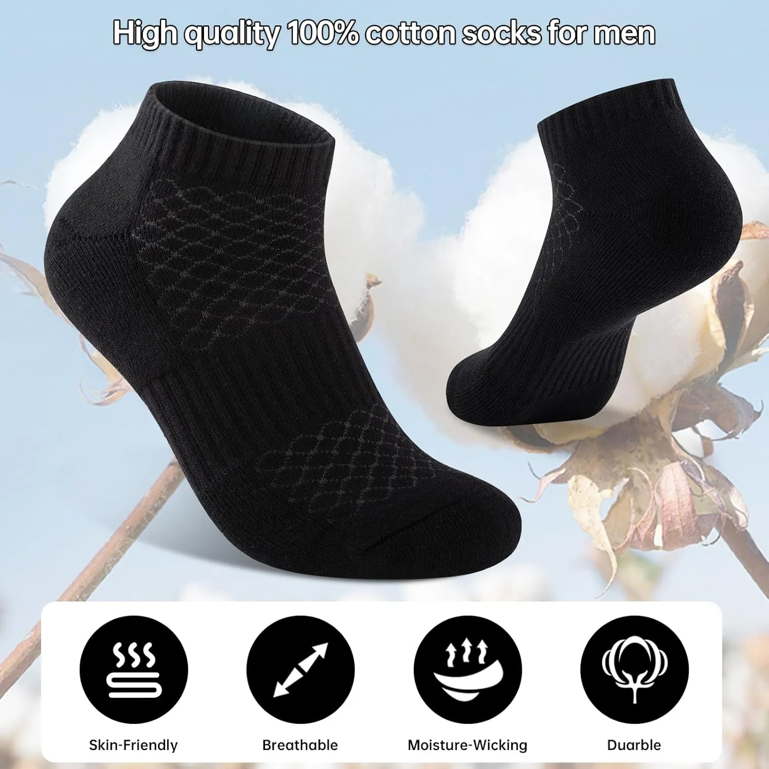 Mens 100% Cotton Cushioned Ankel Socks, Athletic Performance Running Moisture Wicking Breathable socks