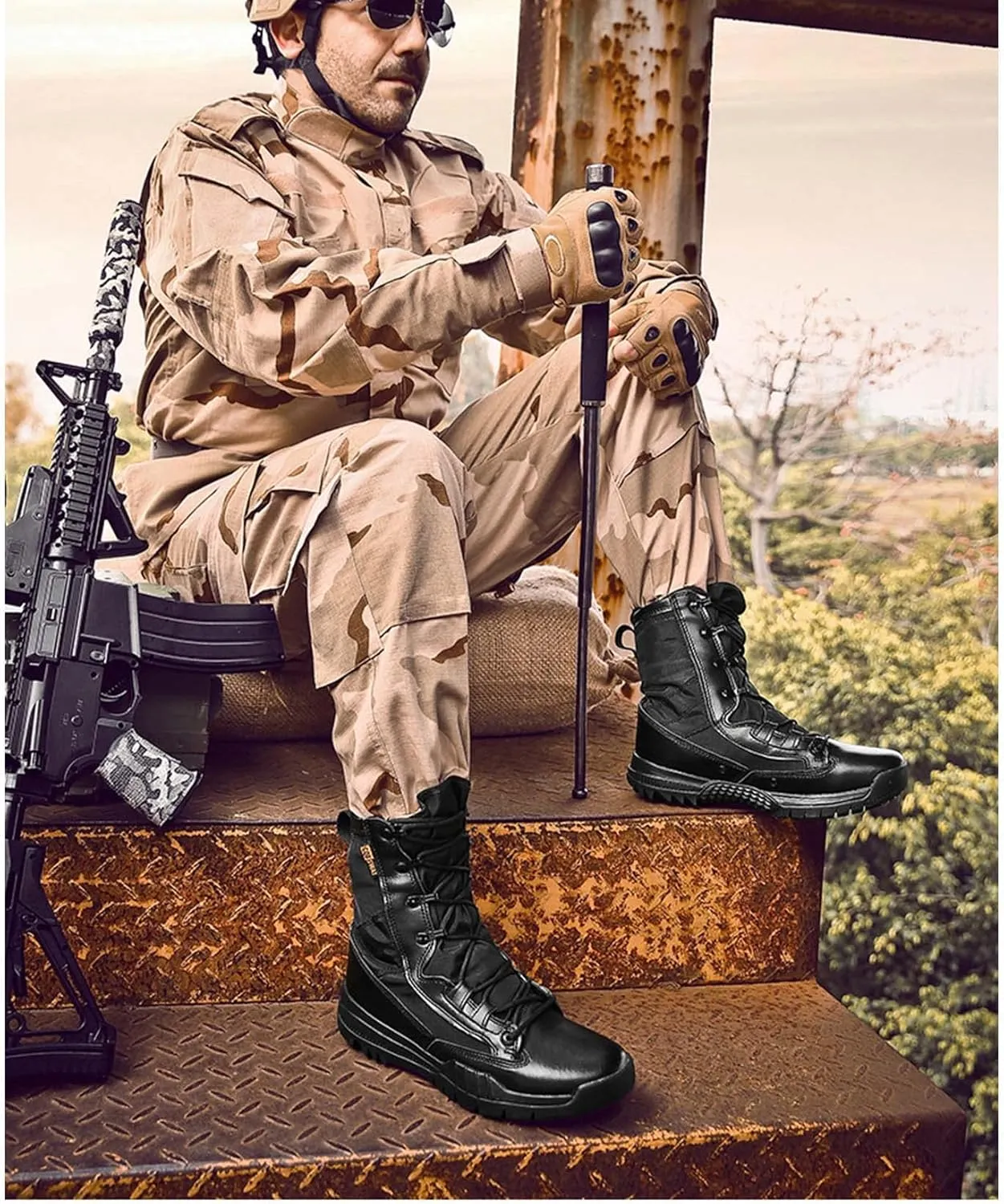 Men's Leather Military Tactical Boots Lightweight Work Boots Desert Combat Boots with Lifting Shoe String