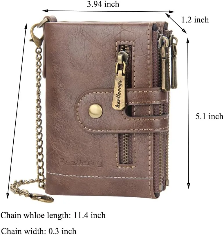 Mens Wallet with Chain PU Faux Leather Bifold Wallet for Men Double Zipper Coin Pocket Purse Double Anti-Theft (Gift Box