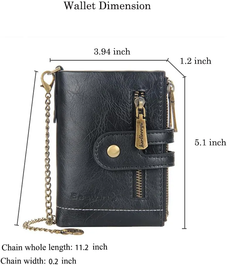 Mens Wallet with Chain PU Faux Leather Bifold Wallet for Men Double Zipper Coin Pocket Purse Double Anti-Theft (Gift Box