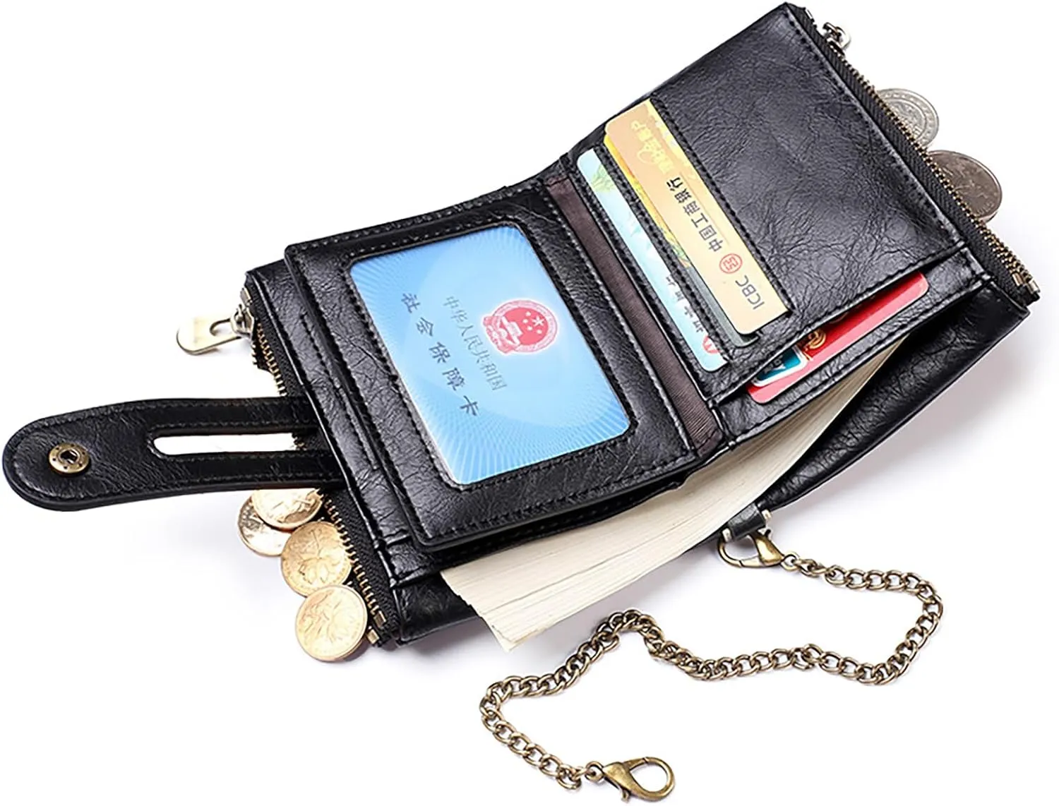 Mens Wallet with Chain PU Faux Leather Bifold Wallet for Men Double Zipper Coin Pocket Purse Double Anti-Theft (Gift Box