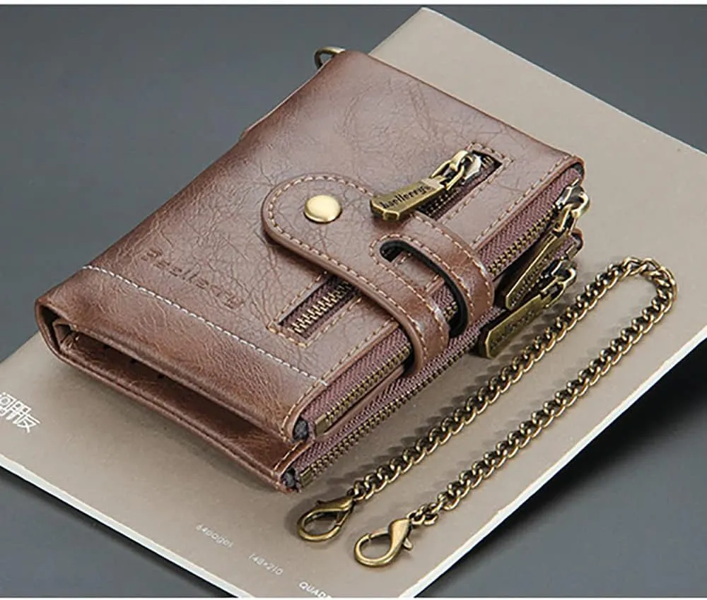 Mens Wallet with Chain PU Faux Leather Bifold Wallet for Men Double Zipper Coin Pocket Purse Double Anti-Theft (Gift Box