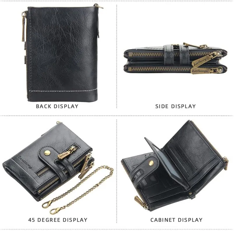 Mens Wallet with Chain PU Faux Leather Bifold Wallet for Men Double Zipper Coin Pocket Purse Double Anti-Theft (Gift Box