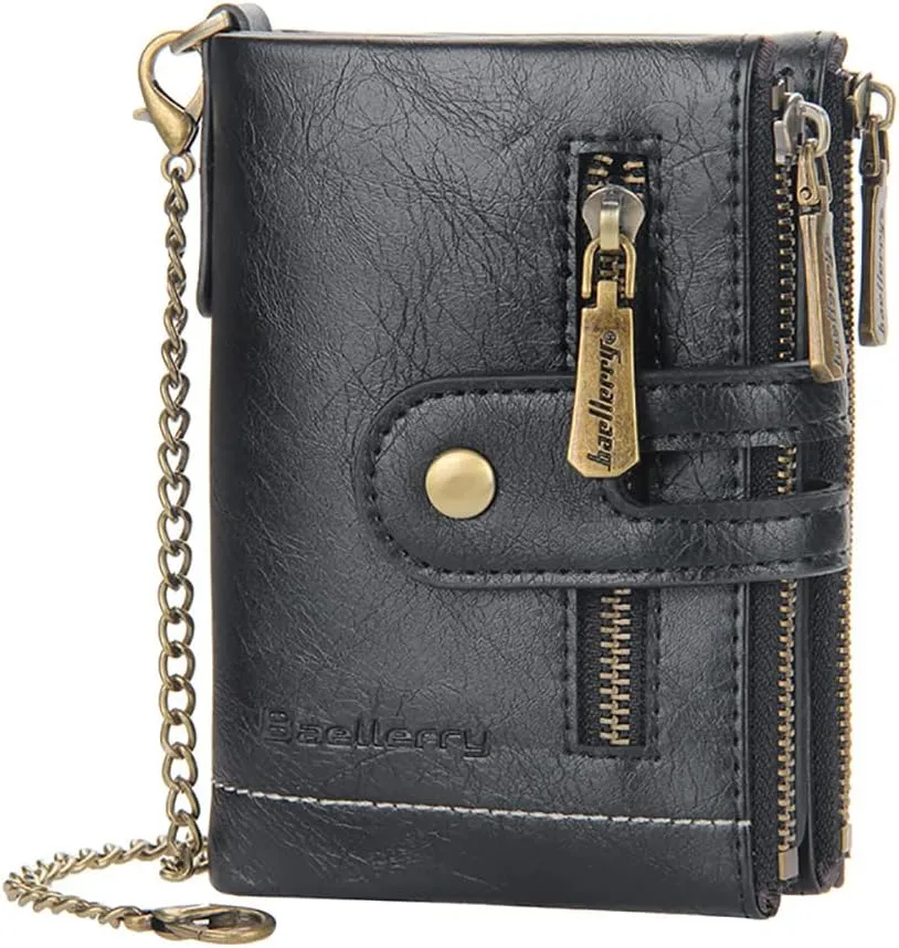 Mens Wallet with Chain PU Faux Leather Bifold Wallet for Men Double Zipper Coin Pocket Purse Double Anti-Theft (Gift Box