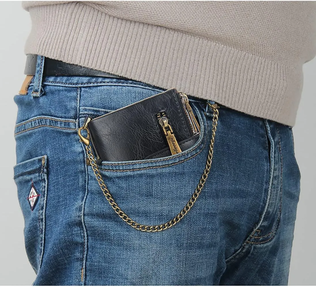 Mens Wallet with Chain PU Faux Leather Bifold Wallet for Men Double Zipper Coin Pocket Purse Double Anti-Theft (Gift Box