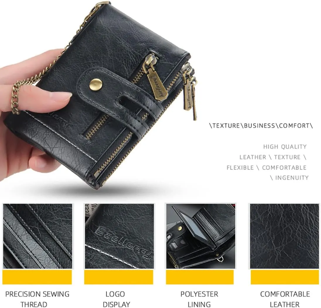Mens Wallet with Chain PU Faux Leather Bifold Wallet for Men Double Zipper Coin Pocket Purse Double Anti-Theft (Gift Box