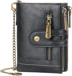 Mens Wallet with Chain PU Faux Leather Bifold Wallet for Men Double Zipper Coin Pocket Purse Double Anti-Theft (Gift Box