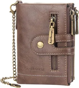 Mens Wallet with Chain PU Faux Leather Bifold Wallet for Men Double Zipper Coin Pocket Purse Double Anti-Theft (Gift Box