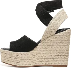 Sam Edelman Vada Black Ankle Strap Squared Open Toe Wedge Heeled Raffia Sandals