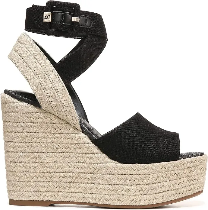 Sam Edelman Vada Black Ankle Strap Squared Open Toe Wedge Heeled Raffia Sandals