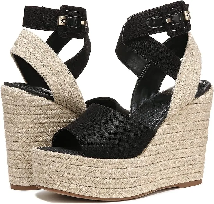 Sam Edelman Vada Black Ankle Strap Squared Open Toe Wedge Heeled Raffia Sandals