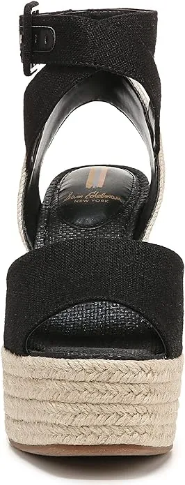 Sam Edelman Vada Black Ankle Strap Squared Open Toe Wedge Heeled Raffia Sandals