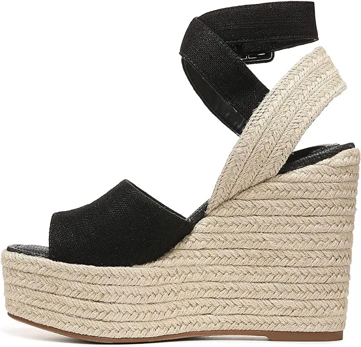 Sam Edelman Vada Black Ankle Strap Squared Open Toe Wedge Heeled Raffia Sandals