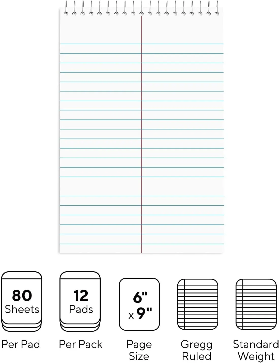 STAPLES Steno Notepads, 6 x 9 Inch, Gregg Ruled, Top Wire-Bound Notebooks, Cardstock Cover, 80-Sheets, 12-Pack, White Paper