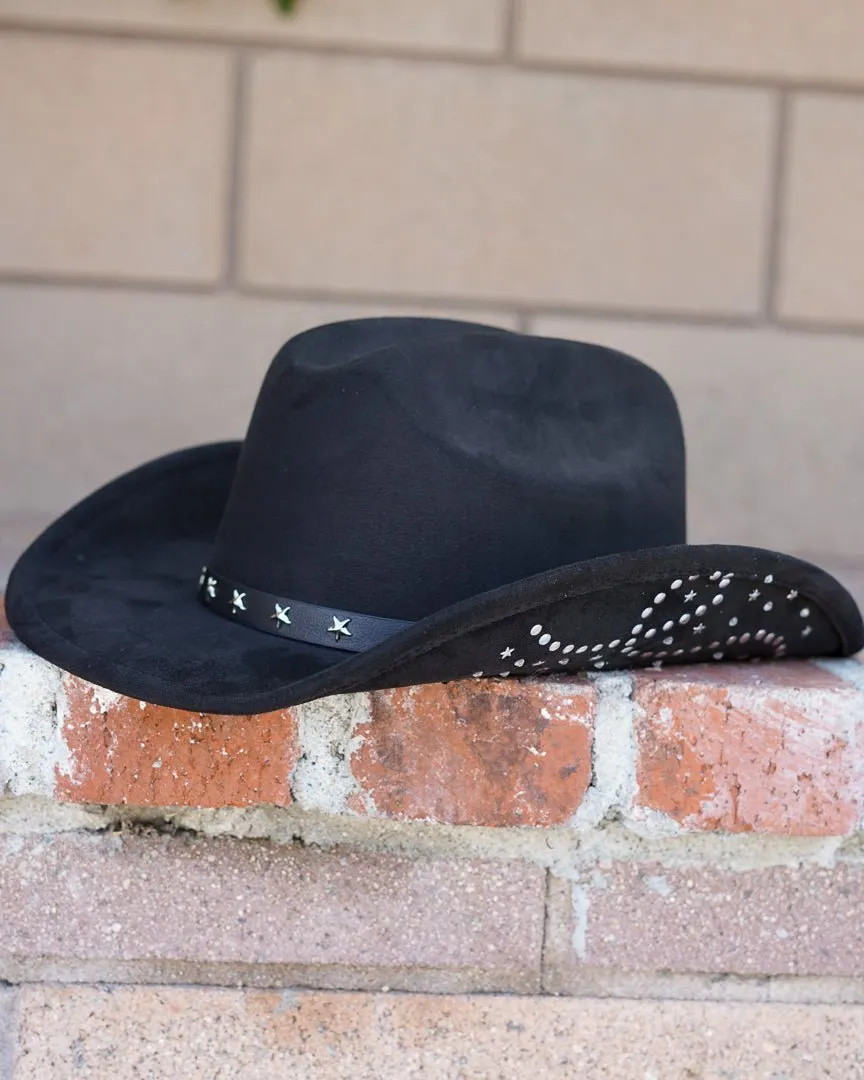 Starry Eyes Black Western Star Band Faux Suede Cowgirl Hat