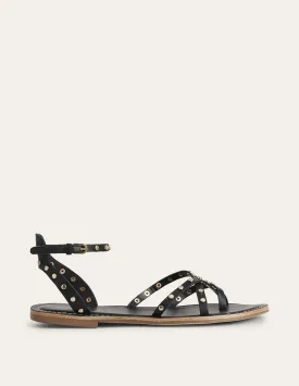Studded Classic Flat Sandals-Black Leather