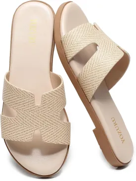 Yozuru Womens Flat Sandals Open Toe Dressy Summer Sandals Comfortable Casual Slip on Leather Slides Sandals for women
